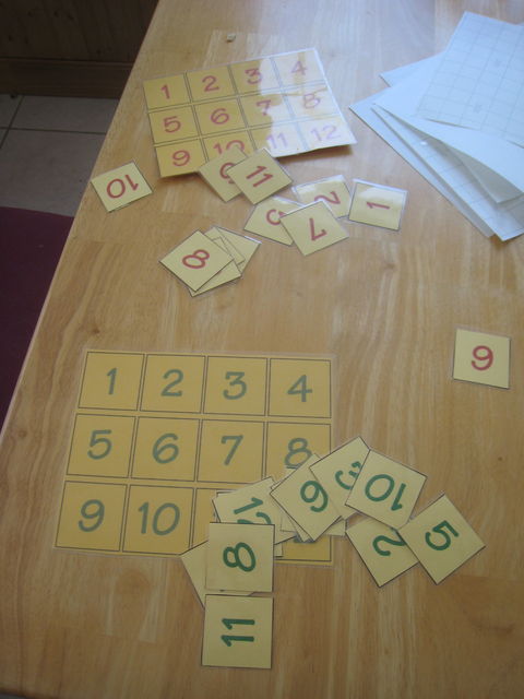 I cut out, then laminated the numbers.  These were a download after googling - workbook numbers.  I printed out 2 sets of numbers per child. The first one I cut up, the second one I used as the wall chart where the kids place the numbers after they have completed a workbox.