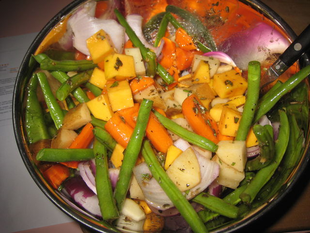 Veggies tossed in balsamic vinegar, and olive oil, herbs, salt and pepper.